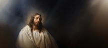 Jesus Christ portrait on black background. Horizontal banner with copy space