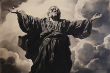 God with clouds in the sky, drawing by oil on canvas