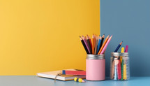 School equipment on matte color with copy space