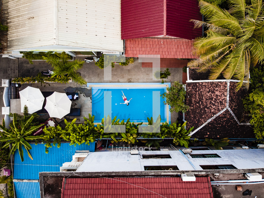aerial view over a person swimming in a pool 