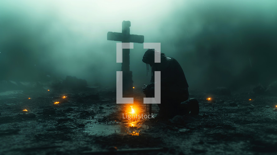 Cross in the light with a man kneeling in front of it. Dark, foggy landscape.