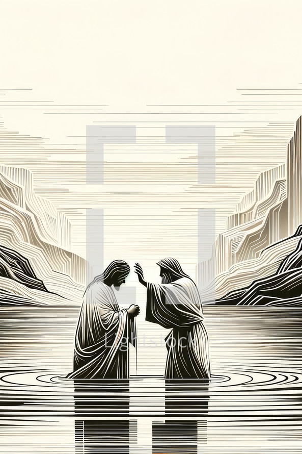 Jesus is baptized by John the Baptist in the Jordan River. Digital illustration.

