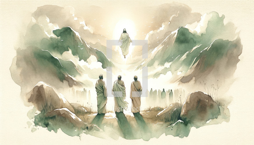 The greatest miracle: Transfiguration of Jesus. llustration of Jesus appearing bright to Peter, James and John on a mountain. Digital watercolor painting.