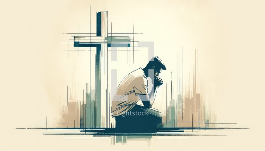 Illustration of a man praying in front of a cross