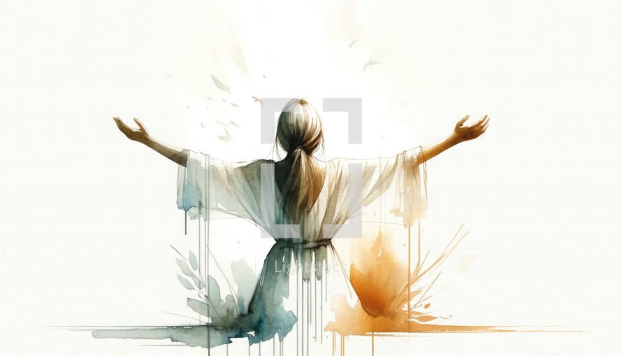 Digital painting of a young woman with arms outstretched in the air in worship on white background. Watercolor illustration. 