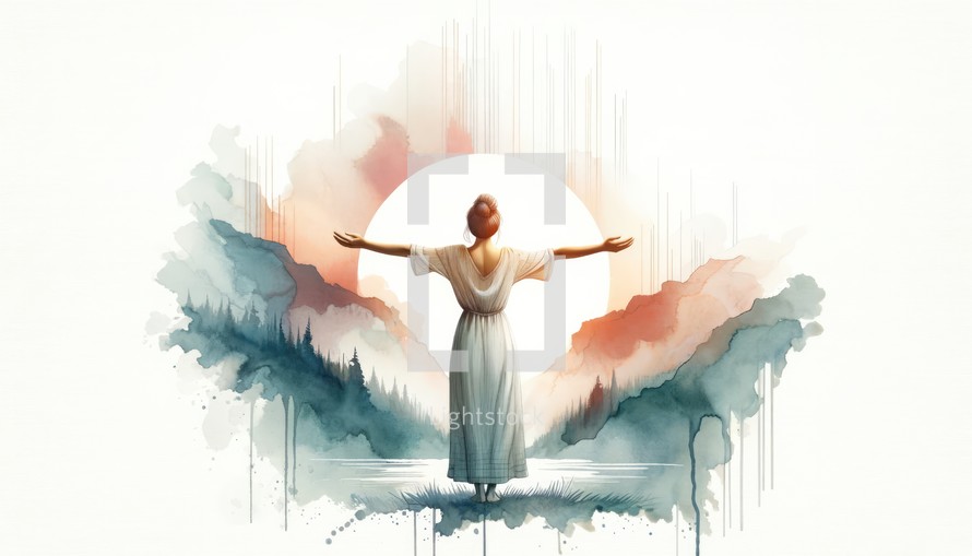 Woman in worship in the rays of the rising sun. Watercolor illustration.