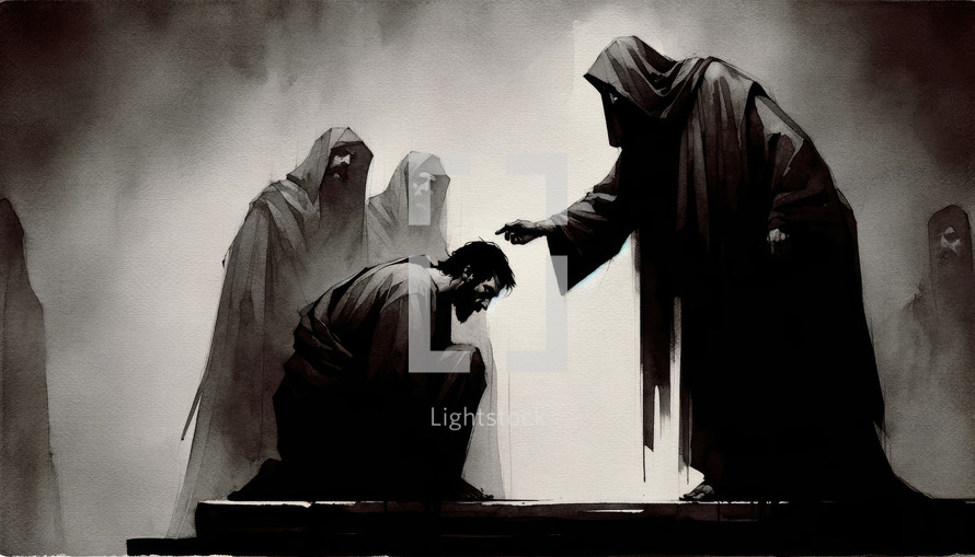 The betrayal of Judas. Judas agreeing to betray Jesus for thirty pieces of silver. Life of Jesus. Digital illustration. Black and white.