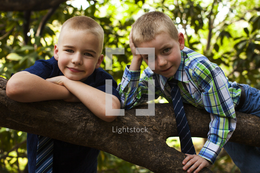 boys all dressed up hanging out in a tree