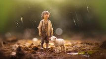 Miniature. Kid and lamb standing in the rain and mud