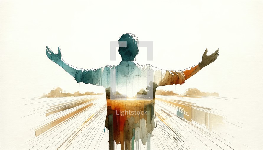 Silhouette of a man in worship on a white background. Watercolor illustration.