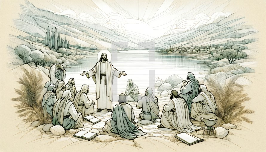 Jesus preaching in Galilee and gathering his disciples. Life of Jesus. Digital illustration. 
