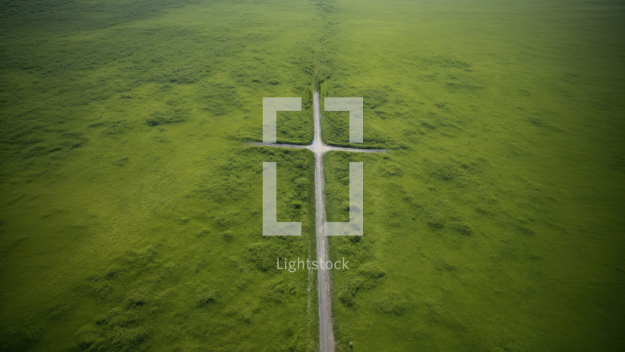 Aerial view of a cross-shaped road in the middle of a green field