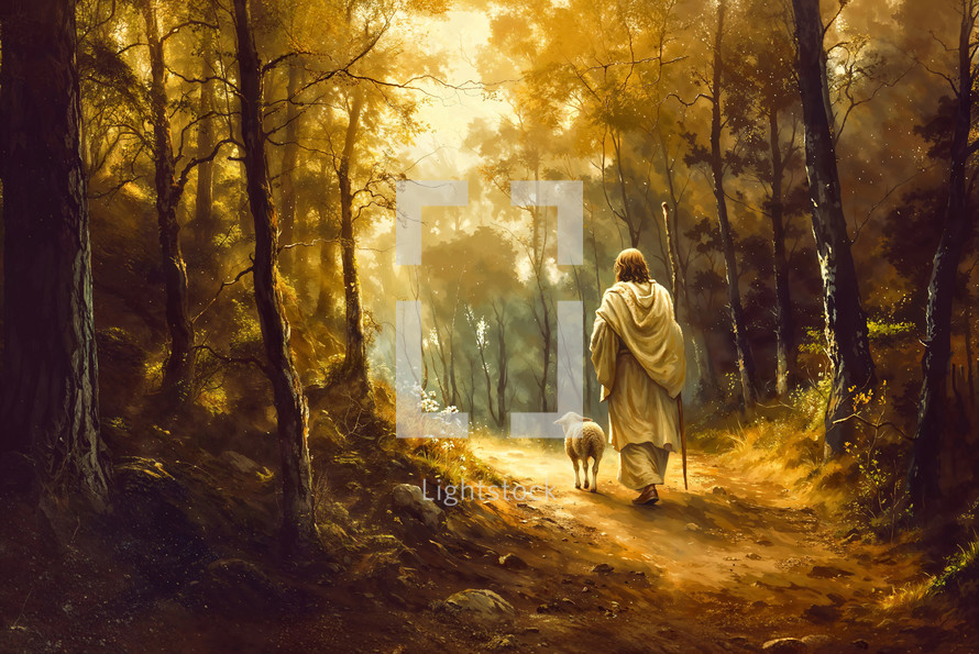 Jesus walks with a small lamb in the forest