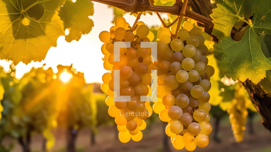 Yellow grapes hanging from a tree branch in a vineyard at sunset