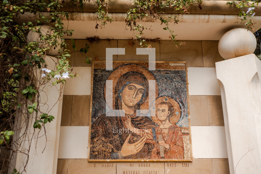 tile mosaic of Mary and baby Jesus in Israel 