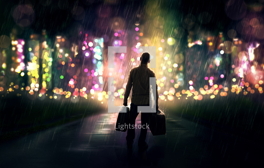 silhouette of a man holding luggage in a colorful glowing forest 