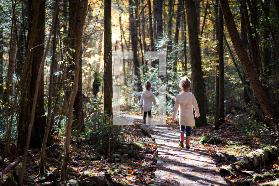 twin girls walking on a path through a forest 