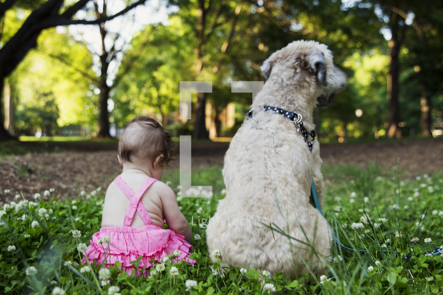 infant and dog sitting in the grass