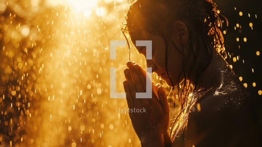 Young woman praying in the rain with golden bokeh background.