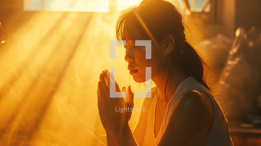 Sunlit prayer. Asian woman praying in the church in the sunbeams shining through the window.