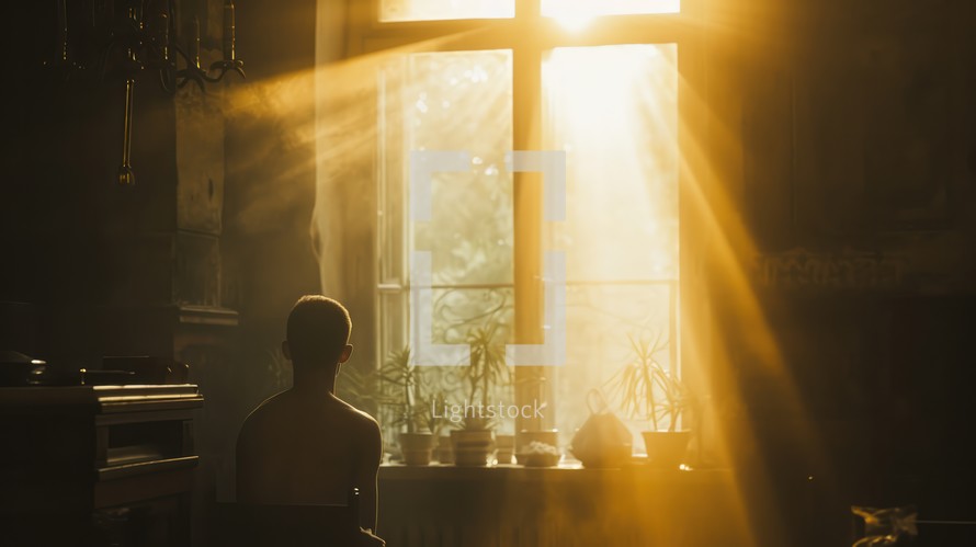 Silhouette of a young boy in a room with a big window and rays of sun passing through.