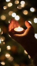 votive candle in cupped hands in front of a Christmas tree 