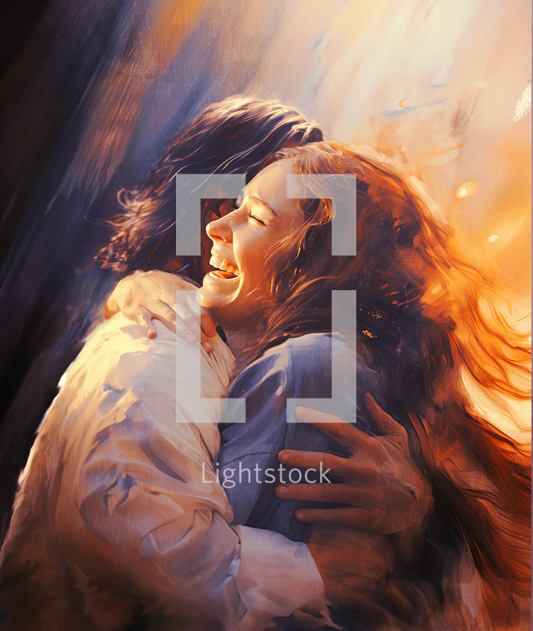 Digital painting of Jesus embracing a woman in heaven.