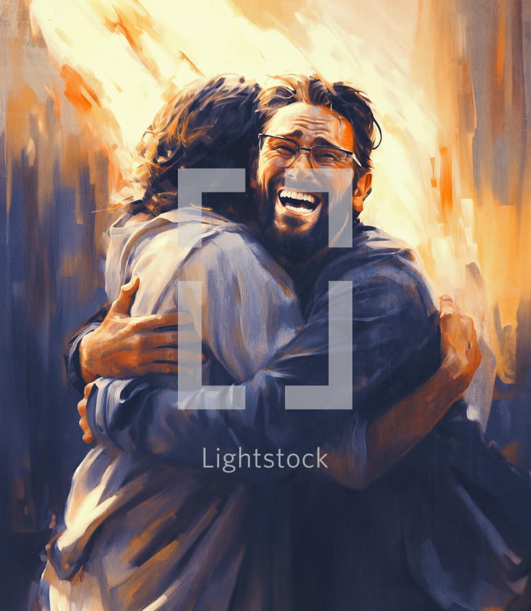 Jesus embraces a smiling man in heaven.