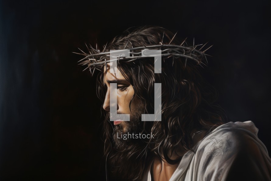 Jesus Christ with crown of thorns on his head, dark background