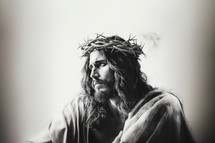 Jesus Christ with crown of thorns on his head, black and white