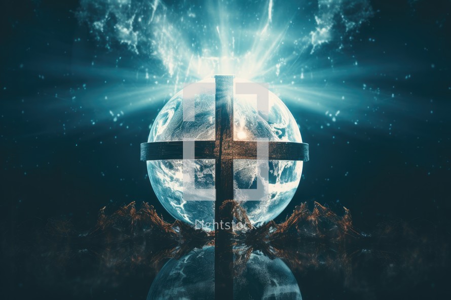 Cross and earth. Christian concept. 3d rendering toned image