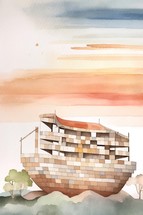 Watercolor illustration of a Noah's Ark