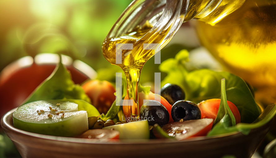 Healthy vitamin diet with extra virgin olive oil. AI generative