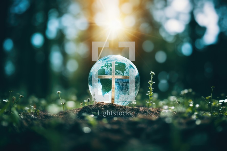 Globe with christian cross on nature background. Earth day concept