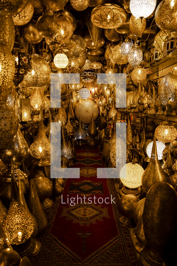 brass lamps at a market in Morocco 