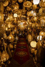 brass lamps at a market in Morocco 