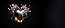 The Sacred Heart, a heart with fire flames isolated on black background with copy space