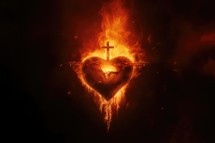 The Sacred Heart, a burning heart on a dark background with a cross in the center