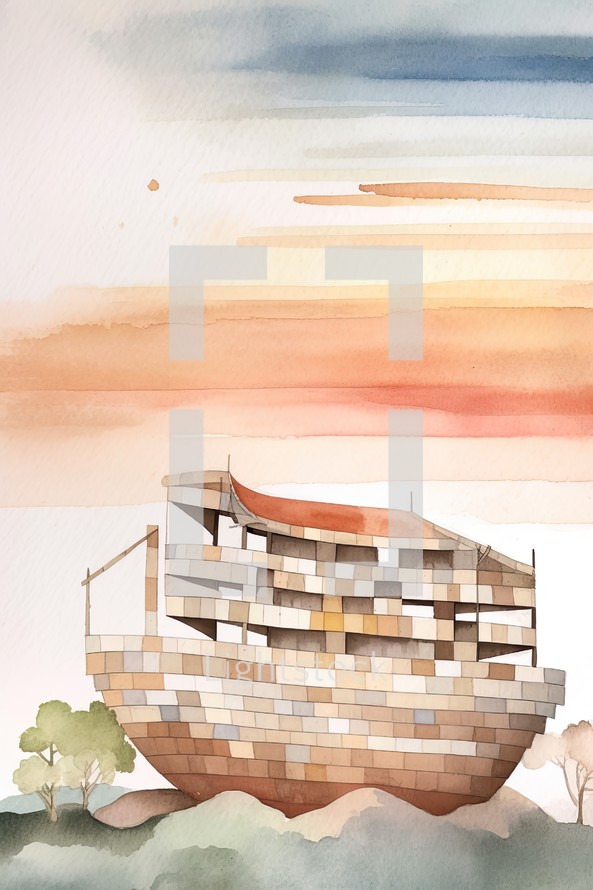 Watercolor illustration of a Noah's Ark