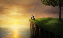 man sitting at the edge of a sea cliff at sunset 