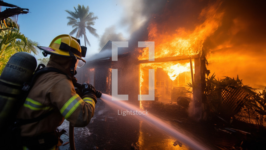 A firefighter fights a blazing fire burning in a building located in a tropical environment with a firehose.
