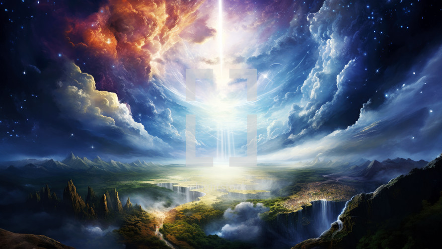 "In the beginning God created the heavens and the earth" Genesis 1:1. Landscape with a waterfall and a sun in the sky.