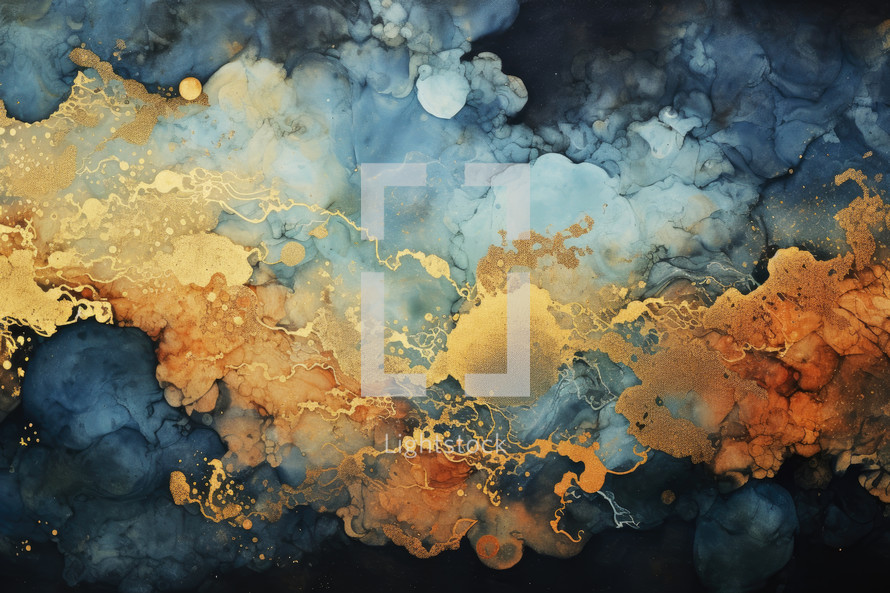 "In the beginning God created the heavens and the earth" Genesis 1:1. Abstract blue and golden watercolor background. Colorful texture for your design.