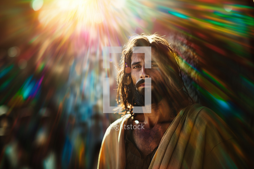 Jesus Christ standing in sunlight with colors of the rainbow. Creator and Maker of the Universe in a personal portrait photo