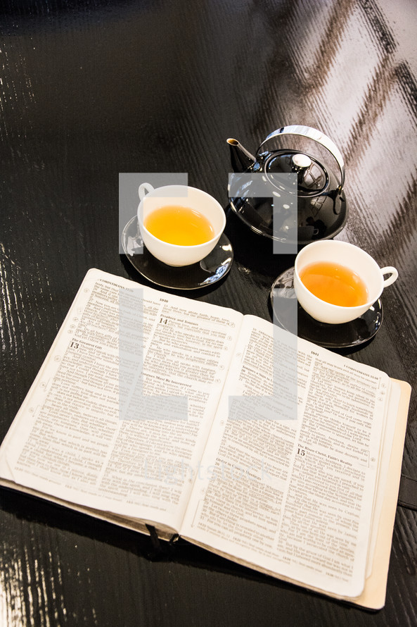 tea and an open Bible 