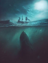 digital painting of a large whale underneath the waters below a boat