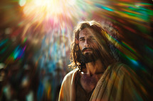 Jesus Christ standing in sunlight with colors of the rainbow. Creator and Maker of the Universe in a personal portrait photo
