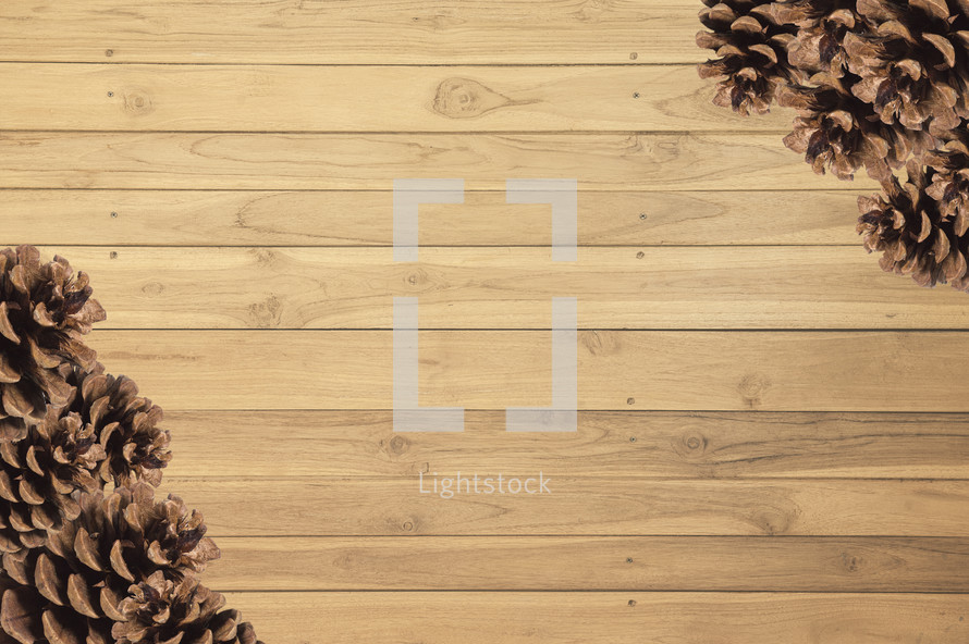 pine cones in corners on wood boards 