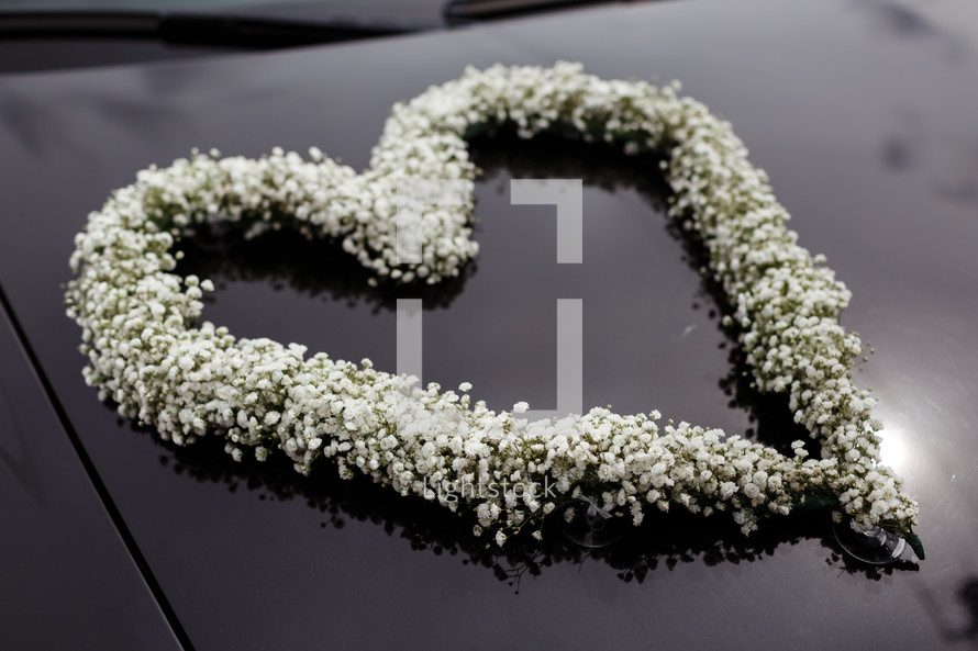 wedding car decorated with a heart of the white flowers.