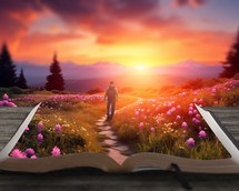 A man walks on a surreal spring Bible landscape.